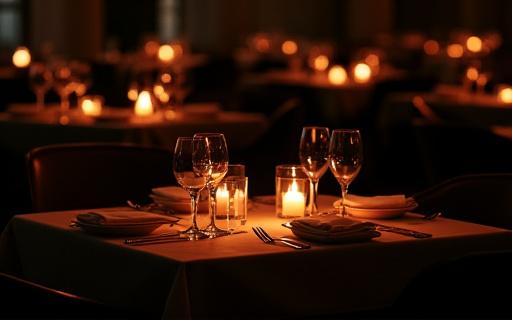 Intim belysning og dækkede borde i restauranten.