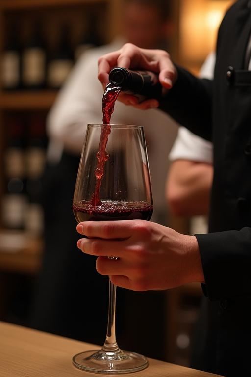 En sommelier der dekanterer en rødvin.