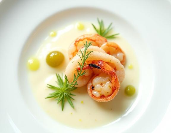 Nærbillede af en gourmet ret med jomfruhummer.