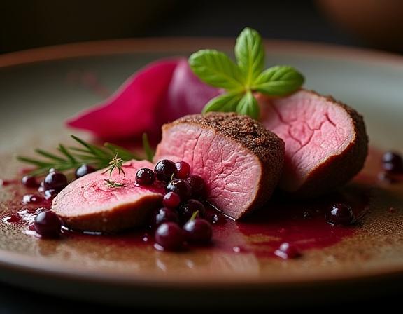 Nærbillede af en anretning med rosastegt andebryst.